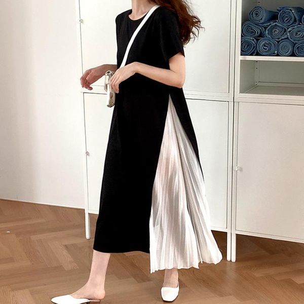 

ewq] 2020 summer dress women elegant long robe japanese style o neck short sleeve contrast color casual ladies pleated dresses, Black;gray