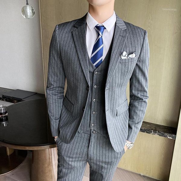 

spot new men's british suits for autumn and winter, three-piece suit of slim-fitting striped professional work suit, wedding1, White;black