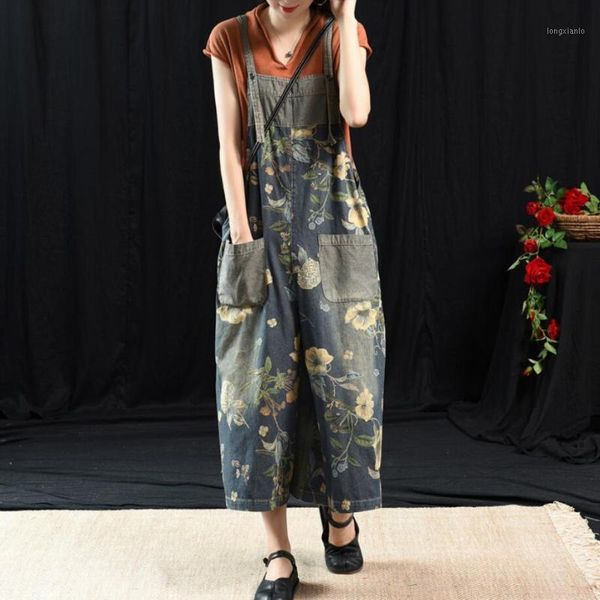 

retro literary printed flowers denim overalls women casual loose jumpsuit wild suspenders bib jeans r7991, Black;white