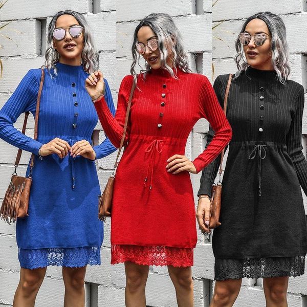 

vintage warm sweater dress women's 2020 autumn winter new fashion turtleneck long-sleeve button knitted lace sweater midi dress1, Black;gray