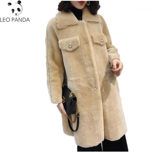 

women's wool & blends fashion beaded women real sheep fur coat winter warm superior quality merino sheepskin leather jacket long lamb f, Black