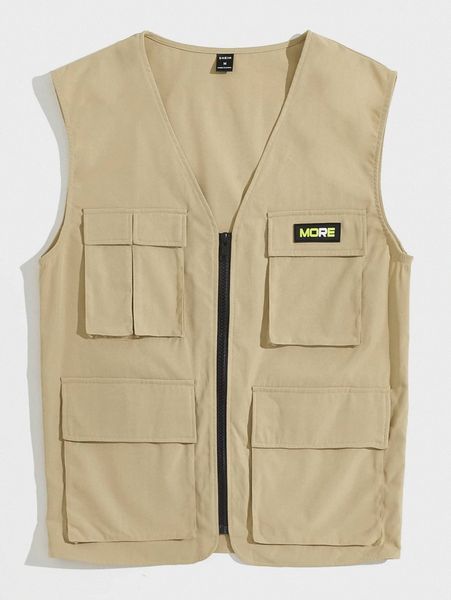 

men letter patch detail zip up vest jacket r5dk#, Black;brown