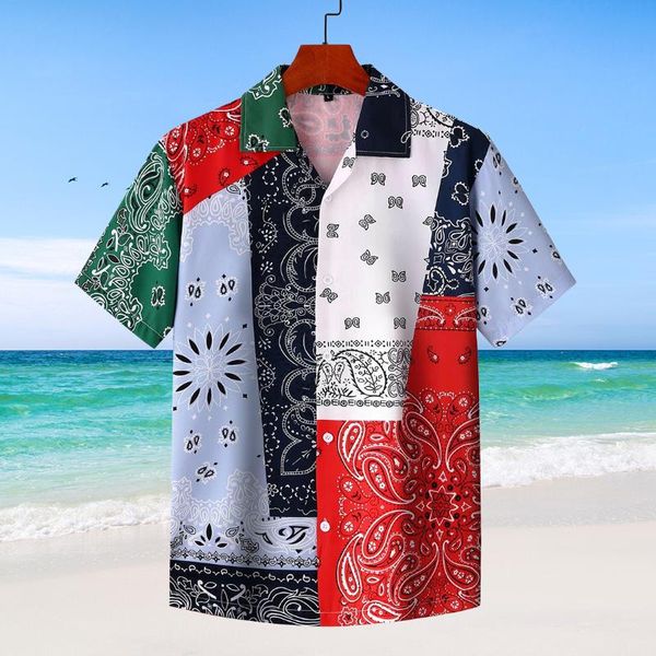 

heflashor summer men hawaiian shirt geometric print short sleeve lapel neck button casual beach shirts men 2021 streetwear, White;black