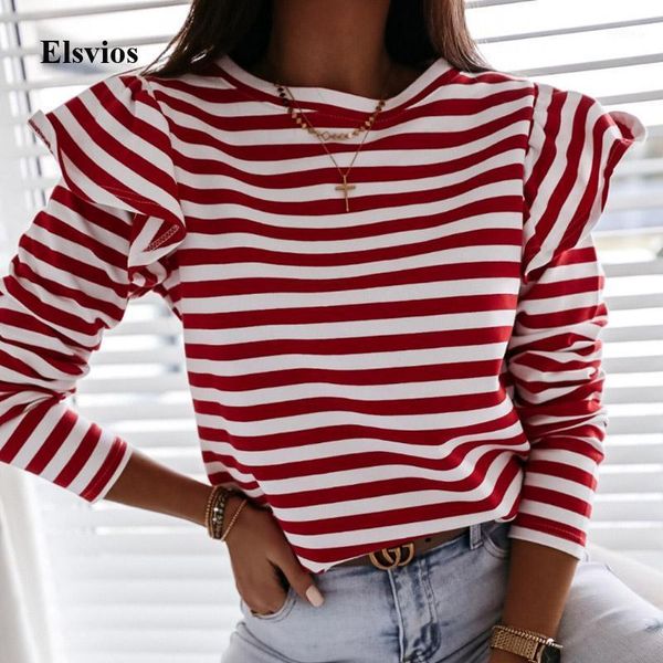 

casual striped print ruffle blouse shirt autumn winter long sleeve women pullovers shirts elegant office lady o-neck blusas1, White