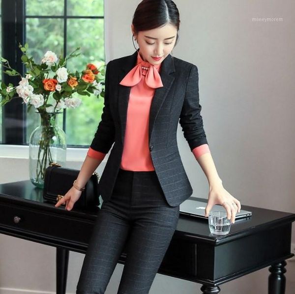 

women's two piece pants office lady black blue burgundy plaid trouser suits women elegant business work blazer set jacket and female sl, White