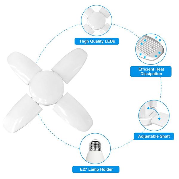 Folding Garage Light Four-Leaf Garage Lights 2 Modos Luminárias Luminárias Lâmpada Ajustável para Attic Garagens Wailshops Workshops