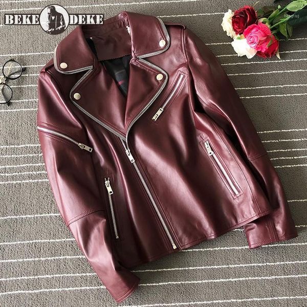 

autumn genuine leather motorcycle short jacket women fashion wine red sheepskin coat streetwear turn collar vintage punk jackets1, Black