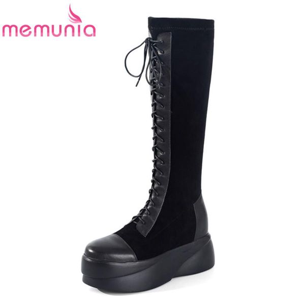 

memunia 2020 flat platform shoes women knee high boots genuine leather +flock lace up fashion casual shoes woman, Black