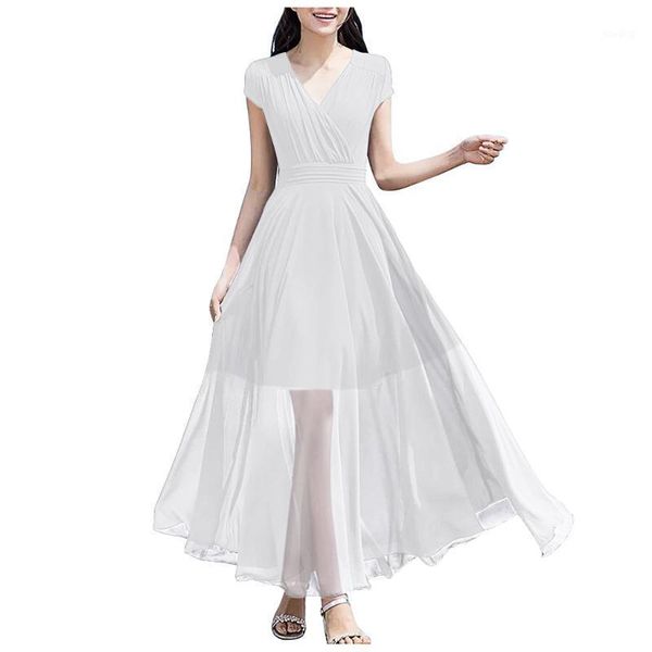 

fashion spring 2020 women's v-neck solid bohemian pleated waist short sleeve chiffon long dress1, Black;gray