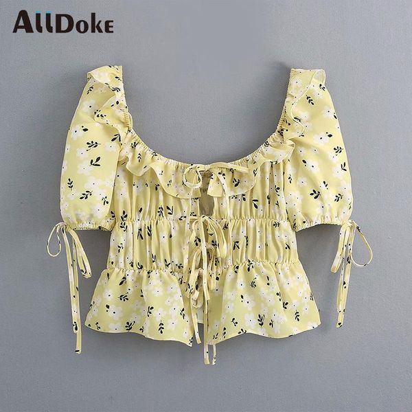 

women's blouses & shirts alldoke floral print vintage blouse women summer square collar short sleeve shirt lace up ruffles ladies blus, White