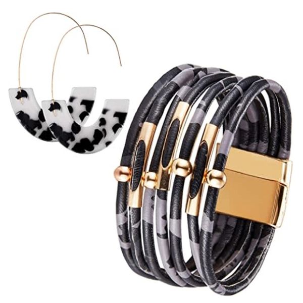

earring leopard magnetic buckle new women leather set copper tube pu multi layer bracelet, Silver