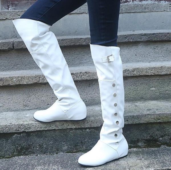 

autumn 2020 new european and american pu metal buckle rubber round toe wedge low heel over the knee women's boots, Black