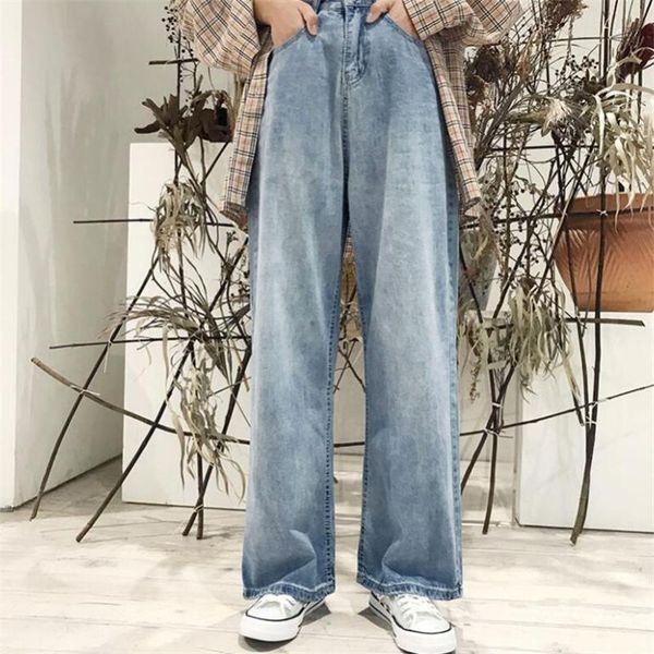 

2020 korean spring and autumn women jeans pants casual blue colour high waist loose wide leg pants jeans plus size 5xl r1158