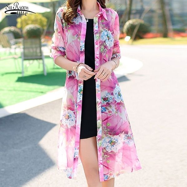

summer long sleeve floral loose cardigan chiffon blouse women long shirt beach sun protection clothes print women 9127 50 y200828, White