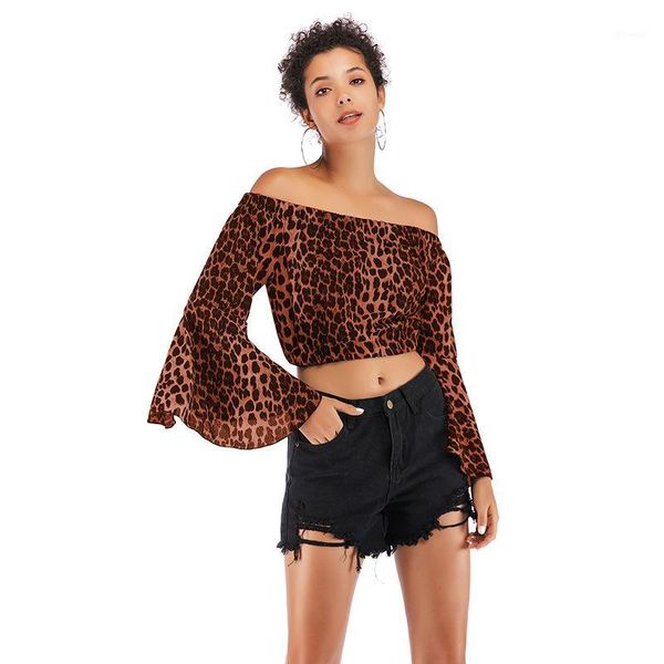 

women's blouses & shirts 2021 spring leopard print short chiffon shirt lady slash neck long flare sleeve off shoulder fashion slim pul, White