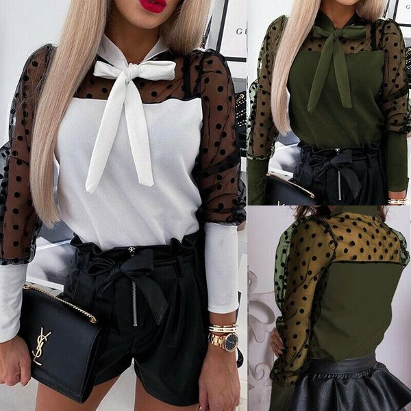 

meihuida women mesh white blouse spring female long sleeve dot lace up bow elegant blouses femme pullover formal