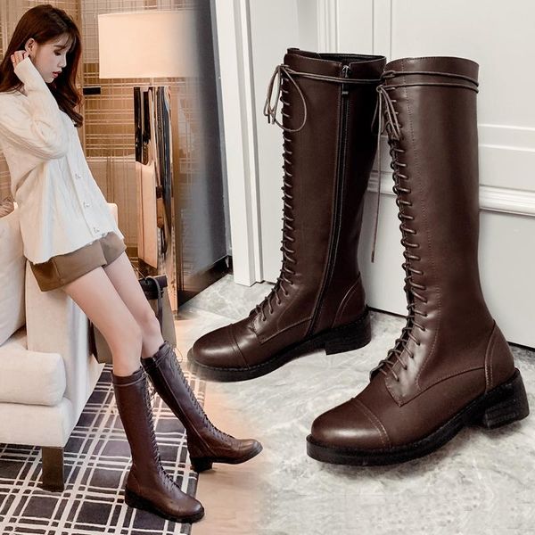 

lace up high heels knee high boots autumn winter motorcycle boots genuine leather shoes woman party casual shoes woman, Black
