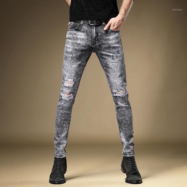 

new men's male autumn thin jeans mens trendy brand handsome slim-fit pants ripped smoke gray denim trousers1, Blue