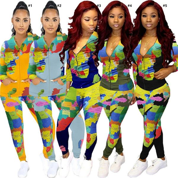 

map printing hooded casual suit womens tracksuit hoodie zip jacket zipper coat and pants leggings two piece outfits clothing d102101, White