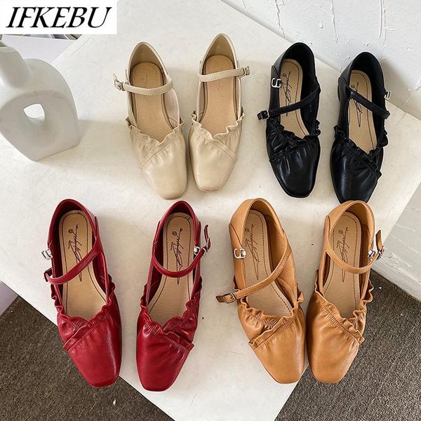 

women square toe shoes ruffles pleated low heels loafers buckle sandals patchwork shallow slides comfortable zapatos de mujer, Black