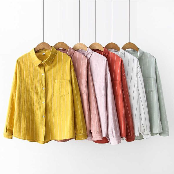 

2021 spring summer fashion female long sleeve loose cotton linen striped shirts women blouses office lady casual blusas sh190821, White