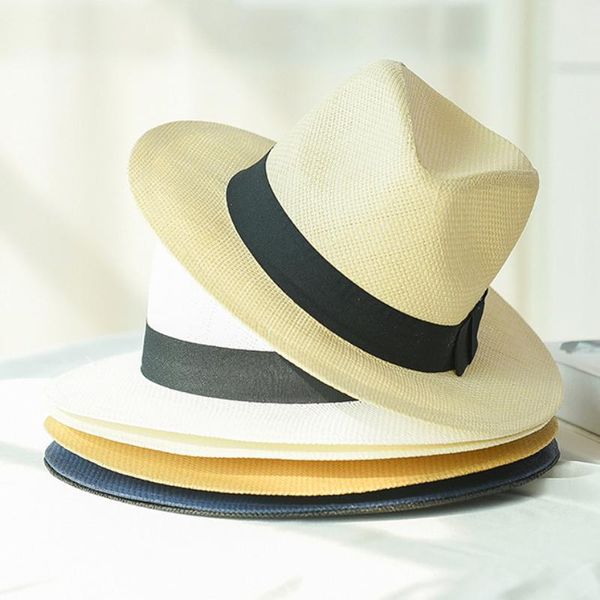 

ht2261 2020 new summer hats for men women straw panama hats solid plain wide brim beach with band fedora sun hat, Blue;gray
