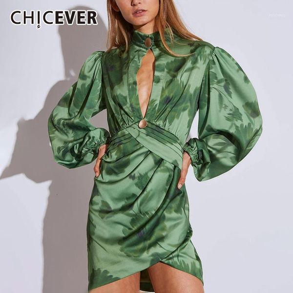 

chicever asymmetrical hollow out print dresses female stand collar lantern sleeve high waist mini dresses women 2019 fashion new1, Black;gray