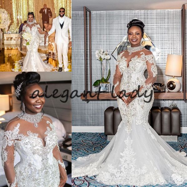 

plus size mermaid wedding dresses abiti da sposa sirena 2021 sparkly crystal lace aftican nigerian long sleeve wedding gown, White