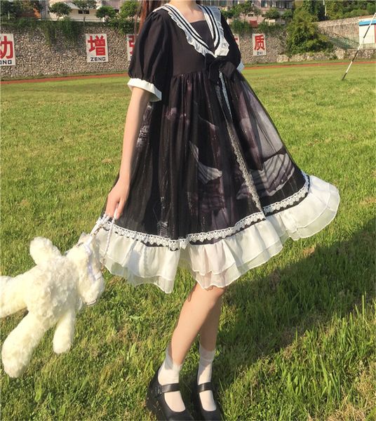 

2021 new dress beautiful sea style lolita light bowtie the line up summer empire students dressed short um7q, Black;gray