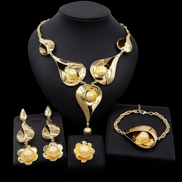 

yulaili dubai gold jewelry sets pendant flower shape necklace earrings bracelet ring accessories for women party jewelery set wholesale, Black