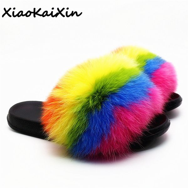 

fox hair slippers 2019 summer furry rainbow multicolor slippers fashion 100% real fox fur luxury slides large size 36 45 y200706, Black