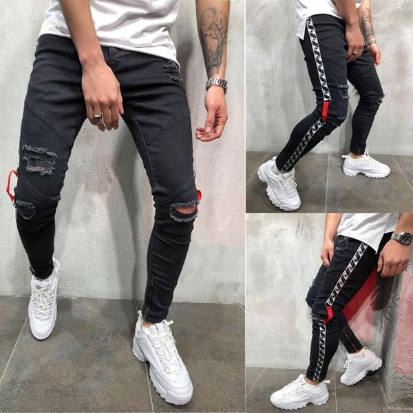

mens stretch ripped holes jeans skinny biker pencil jean destroyed pleated side stripe slim fit fashion black denim pants male1, Blue