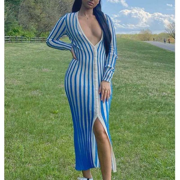 

4.22 2020 spring women striped long sleeve knitted dress for ladies slim v-neck dress 2 color1, Black;gray