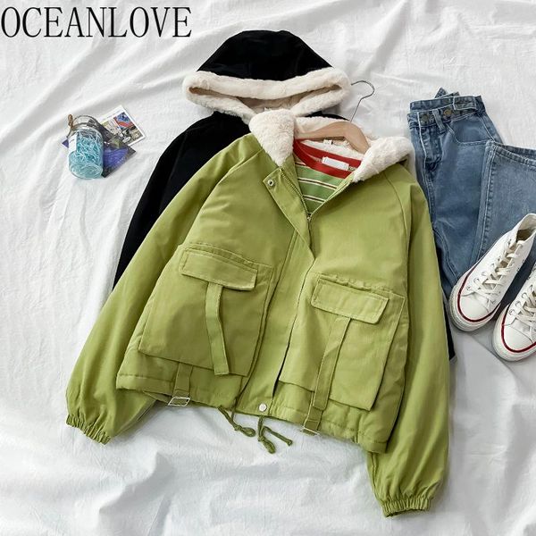 

oceanlove женщины ветровки с капюшоном толстый теплый опрятный стиль зимнее пальто на молнии карманы 2020 корейский vintage куртки женский 1, Black