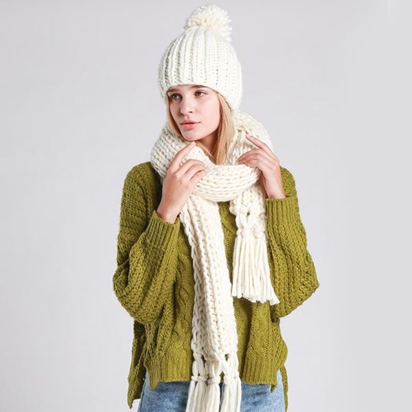 

women winter 2pcs pompom beanie hat tassels long scarf set solid color handmade braided cable knit skull cap neck warmer, Blue;gray