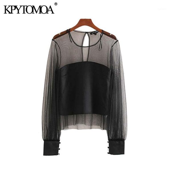 

vintage transparent mesh blouses women 2020 fashion o neck long sleeve female shirts blusas mujer chic 1, White