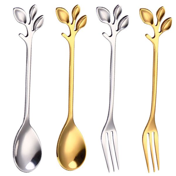 

2020 new stainless steel tree branch spoon fork gold dessert coffee spoons home kitchen dining flatware stirring spoon with fast shipment