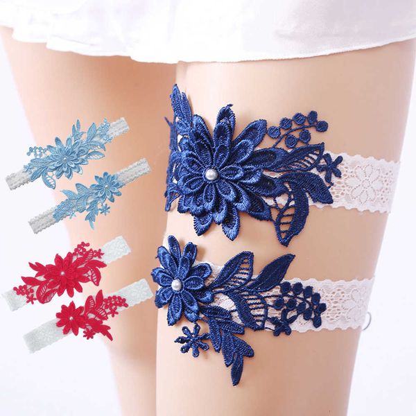 

2pcs/set wedding lace blue embroidery floral garters women female bride thigh ring leg garter bow suspender harness, Black;white