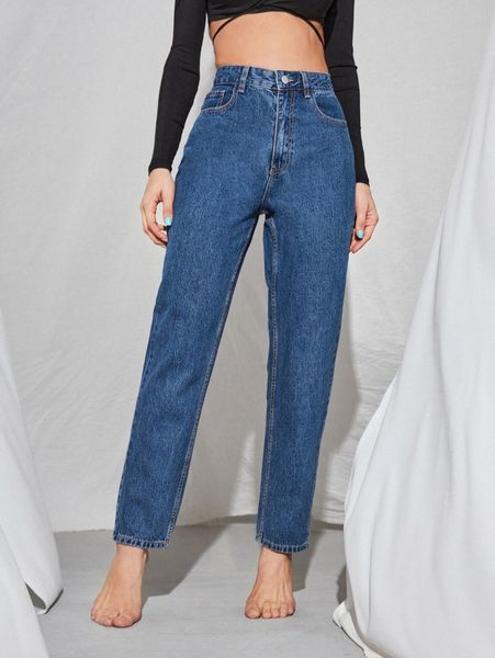 

stone wash middle-waisted mom jeans n7d6#, Blue