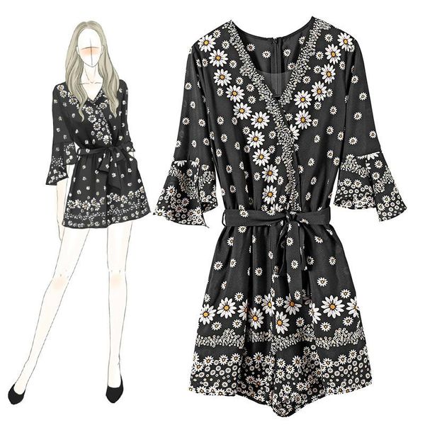 

women's jumpsuits & rompers print sunflower women summer 2021 beach wide leg overalls fashion korean playsuits bohemian strap woman, Black;white