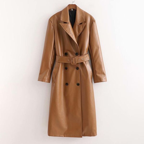 

women's trench coats malina fashion spring tie belt waist long women elegant pu leather solid double breasted ladies, Tan;black