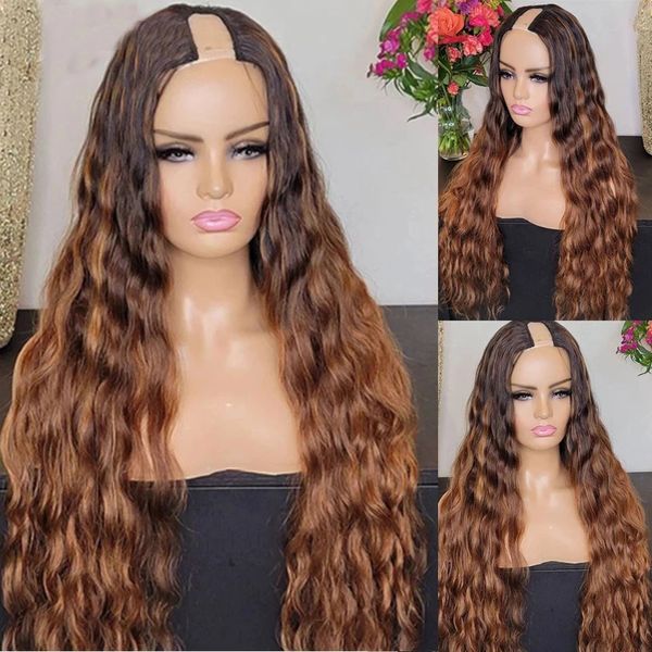 

ombre strawberr blonde deep curly u part wigs 100% human hair indian remy 250density 30 inches glueless full machine half wigs, Black
