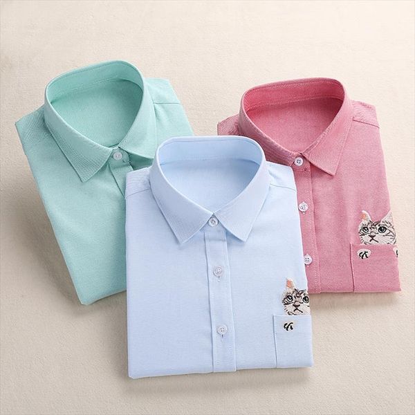 

women embroidery shirt cat school blouses office ladies female blusas plus size embroidered work shirt autumn 2020, White
