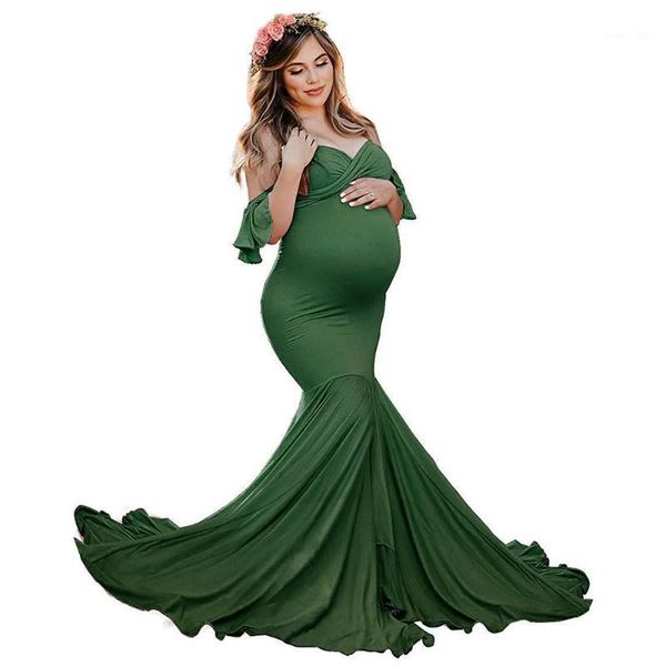 

shoulderless maternity dresses for po shoot ruffles sleeve pregnancy dress maxi gown pregnant women pography prop1, White