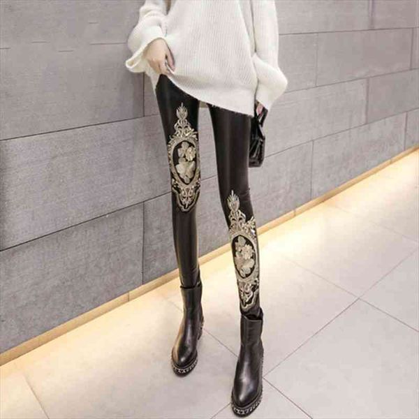

pu faux leather leggings female chic lace embroidery skinny pants slim women thin fleece pencil s-xxl, Black