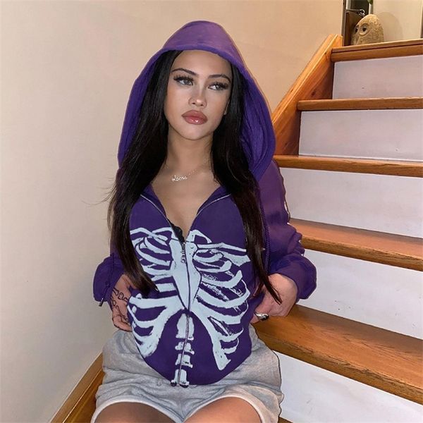 Zip-up Y2K Harajuku stile coreano stampa teschio sciolto goth Grunge manica lunga giacca con cappuccio viola camicia retrò studente ragazza top 220314