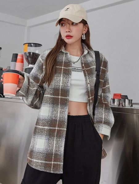 

dazy plaid pocket front oversized overcoat c493#, Black
