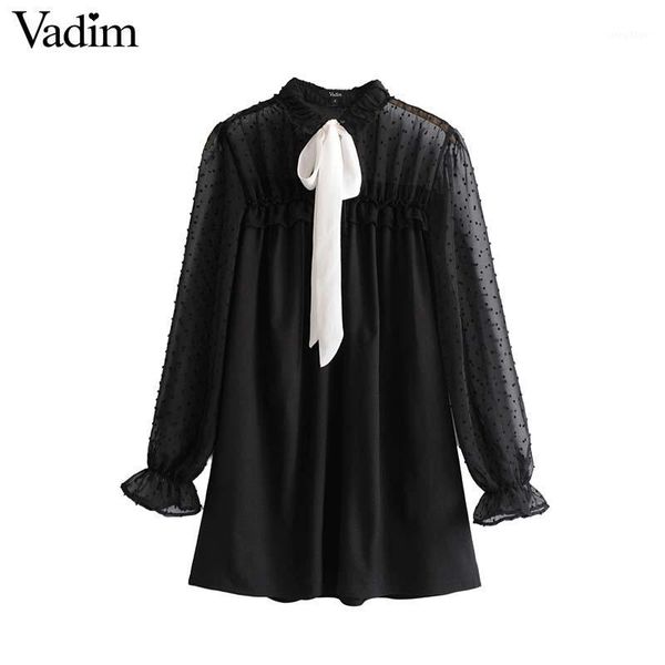 

vadim women sweet bow tie ruffled mesh dress see through vintage long sleeve chic lady casual brand mini dresses vestidos qz34181, White;black