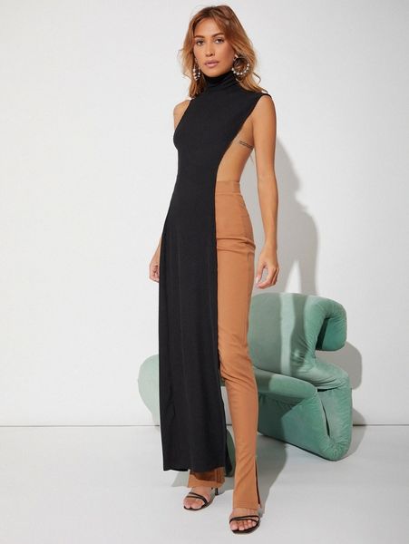 

mock neck split thigh longline 58n0#, White