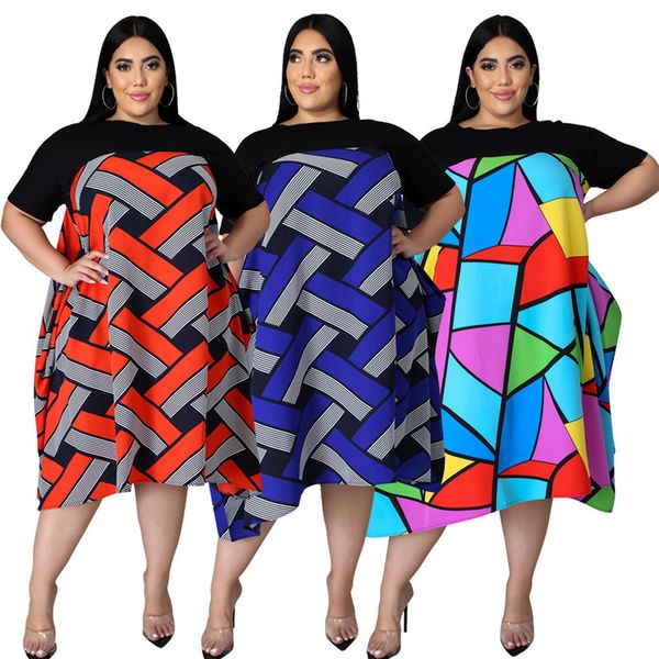 

geometric print womens plius size dresses fashion panelled short sleeve womens plus size dresses casual 5xl females dresses